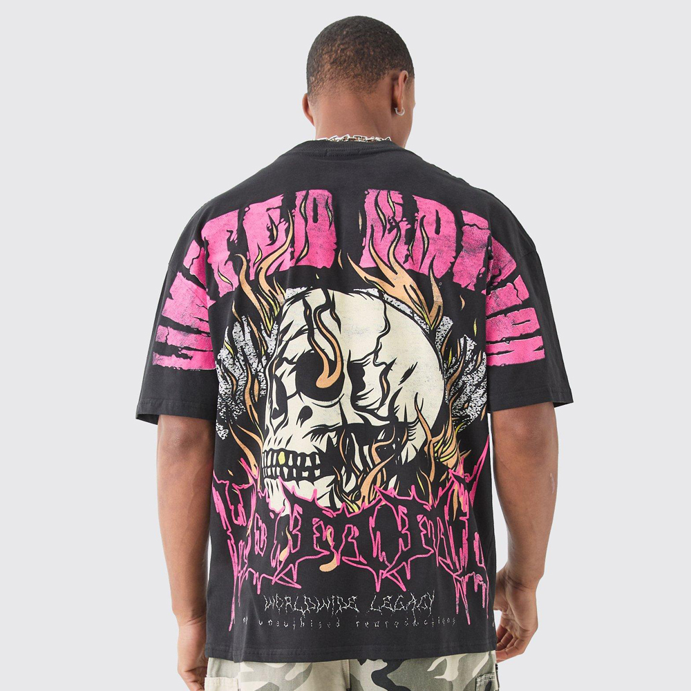 Oversized Extended Neck Over The Seam Gothic Back Print T-shirt