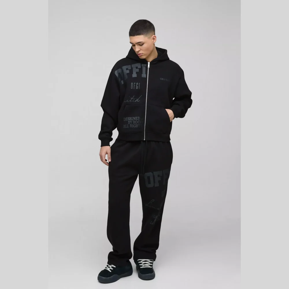 Oversized Boxy Official Tonal Print Zip Hooded Tracksuit