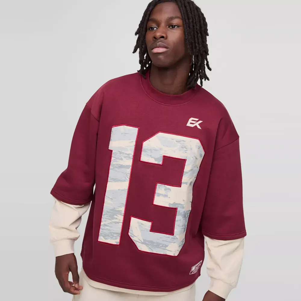 Oversized Half Sleeve Faux Layer 13 Applique Sweatshirt