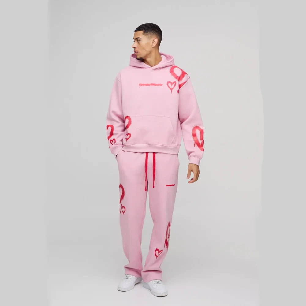 Oversized Boxy All Over Heart Printed Hooded Tracksuit