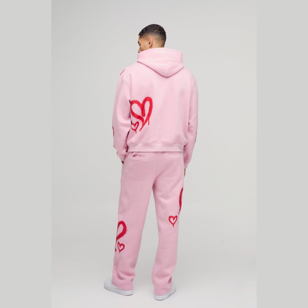 Oversized Boxy All Over Heart Printed Hooded Tracksuit