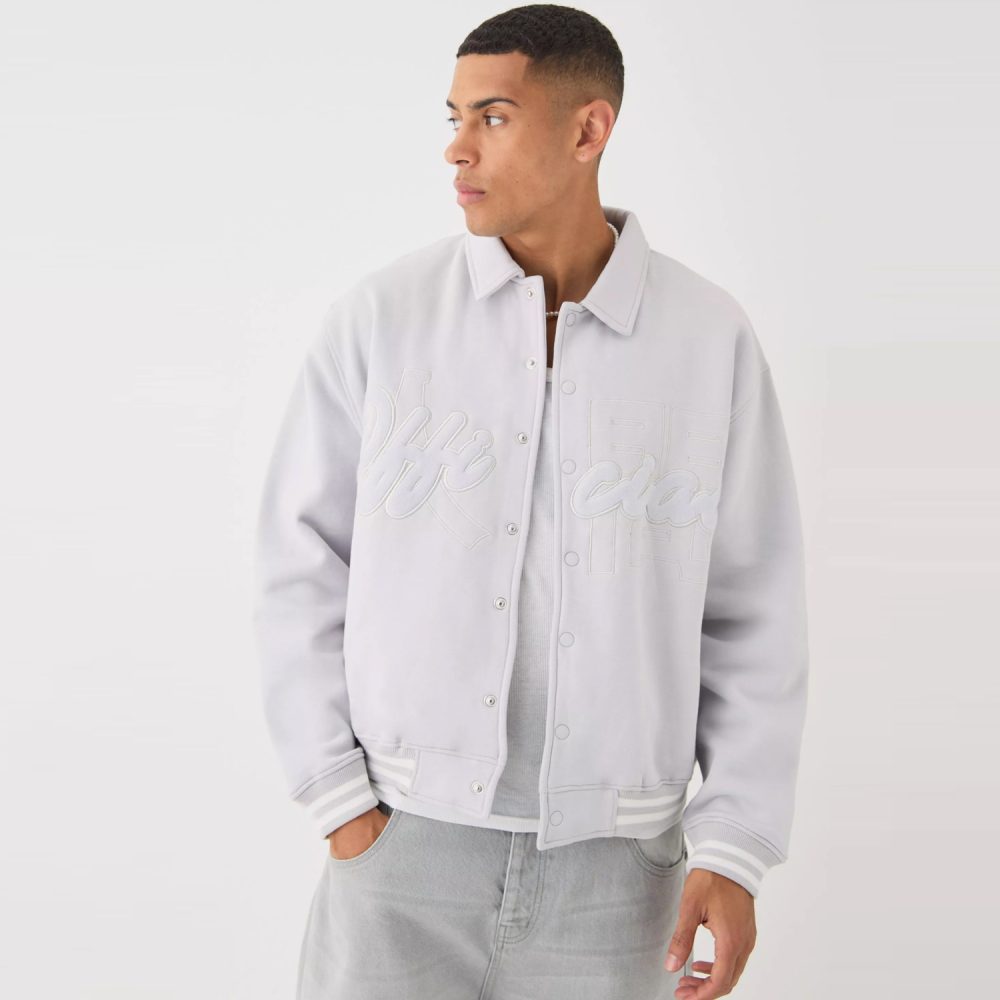 Boxy Applique Tape Detail Jersey Varsity Jacket