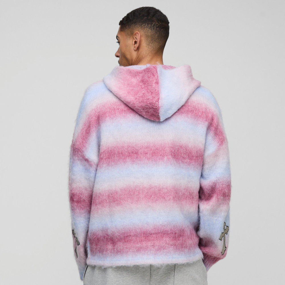 Boxy Fit Ombre Stripe Brushed Knit Cross Hoodie